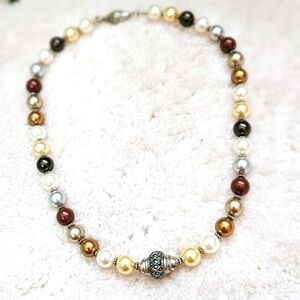Unique Vintage Multi-Tone Pearl Necklace - Gold, Silver, Bronze, White Pearls